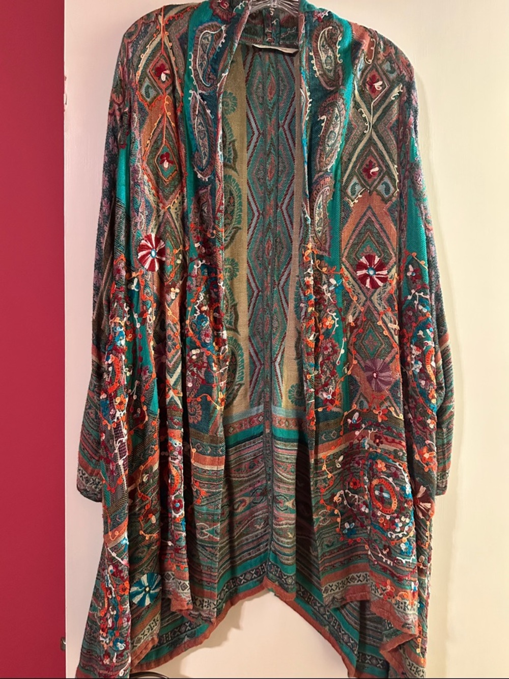 Soft Surroundings Teal and Rust Embroidered Open-Front Kimono Jacket